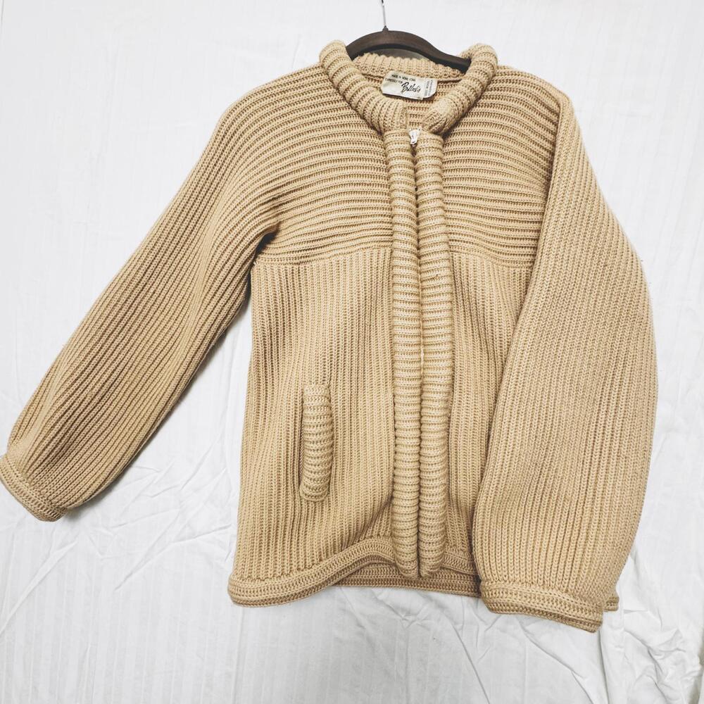 Vtg 60s‎ Bullock's Wool Chunky Knit Tubular Jacket Beige Ribbed Zip Cardigan
